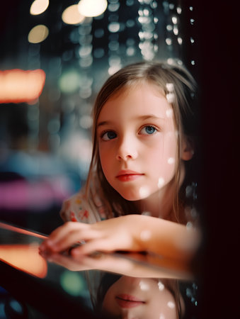 Portrait of a beautiful little girl looking through the window at nightの素材