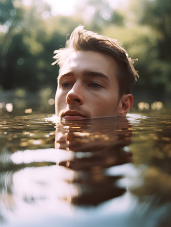 Portrait of a young handsome man in the water of a lakeの素材