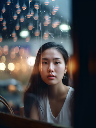 Portrait of beautiful Asian woman looking through the window in rainy dayの素材