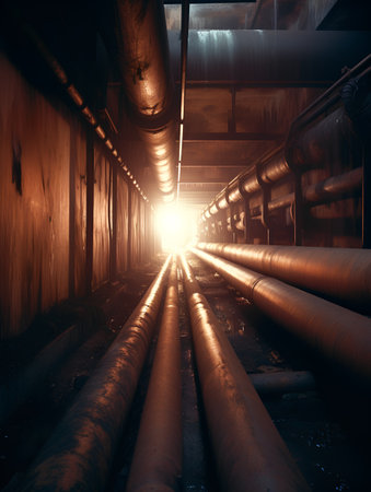 Pipeline in a factory. Industrial background, toned imageの素材
