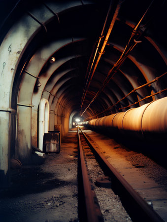 Underground railway tunnel at night. Long exposure. Toned.の素材