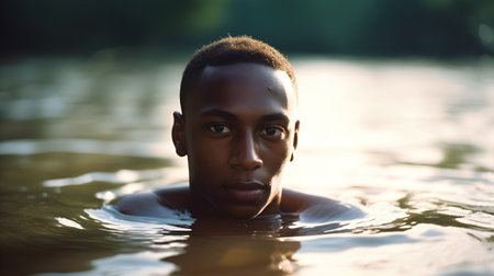 Portrait of a young african american man in the waterの素材