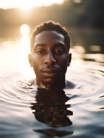 Portrait of young african american man in water at sunset.の素材