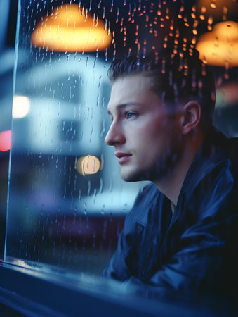 Young man looking out the window at night in a rainy day.の素材