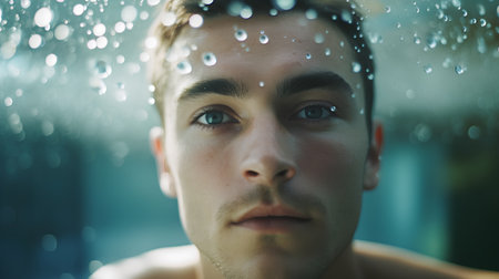 Portrait of young handsome man under shower in bathroom. Shower gel applied.の素材