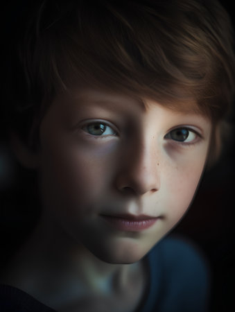 Portrait of a little boy in the dark. Selective focus.の素材