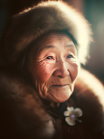 Portrait of an elderly asian woman with fur hat outdoor.の素材