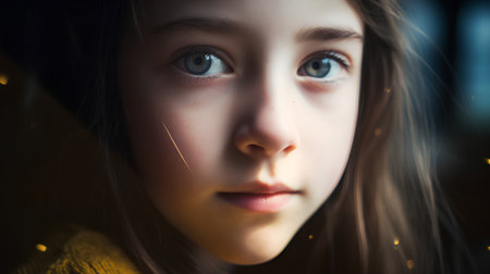 Portrait of a little girl with long hair in a yellow sweaterの素材