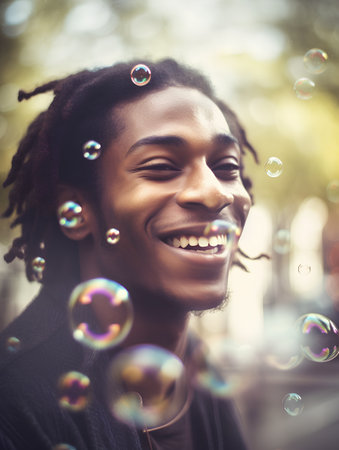 Portrait of a young african american man with soap bubblesの素材
