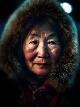 Portrait of an elderly asian woman in a fur coat.の素材