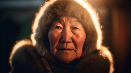 Portrait of an elderly woman in a fur coat at night.の素材