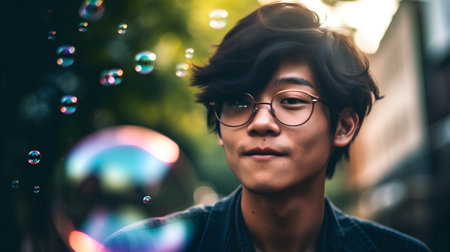 Young Asian man with eyeglasses blowing soap bubbles in the cityの素材