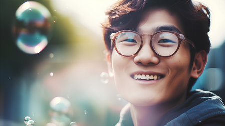young happy and beautiful Asian Chinese woman in eyeglasses having fun with soap bubbles outdoors in city street smiling cheerful having fun enjoying holidays in beauty conceptの素材