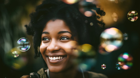 Portrait of a beautiful young african american woman blowing soap bubblesの素材