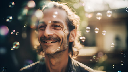 Portrait of smiling middle-aged man blowing soap bubbles outdoors.の素材