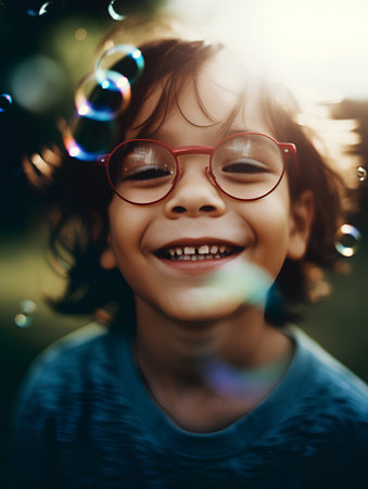 Little Boy Smiling Happiness Bubbles Playful Cheerful Conceptの素材
