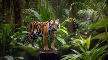 Sumatran tiger standing on a rock in the rainforest.の素材