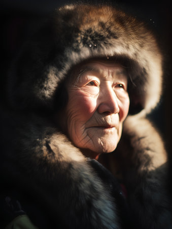 Portrait of an elderly woman in a fur coat. Selective focus.の素材