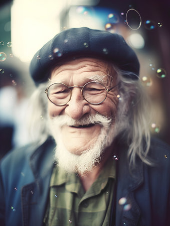 Senior man with a white beard and glasses on the street with soap bubblesの素材