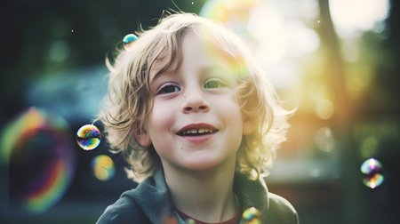 Portrait of a cute little boy playing with soap bubbles in the parkの素材
