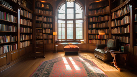 Interior of an old library with bookshelves and a chairの素材