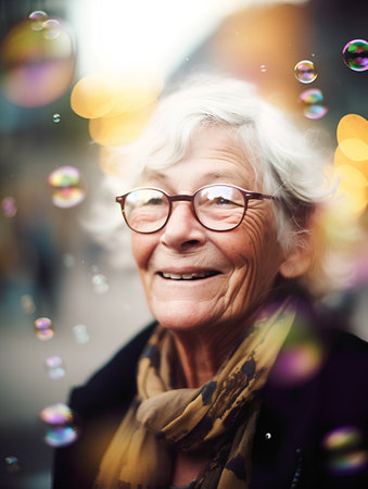 Portrait of a smiling senior woman with soap bubbles in the cityの素材