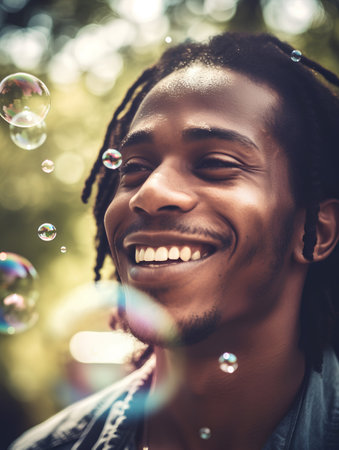 Close up portrait of young african american man with soap bubblesの素材