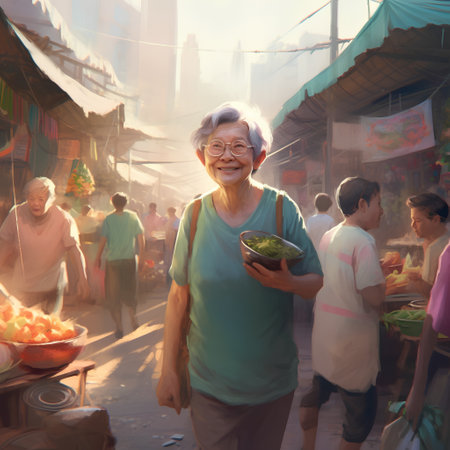Unidentified asian old woman selling food at street market in Bangkok, Thailand.の素材