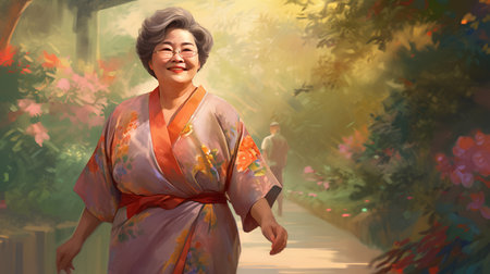 Asian senior woman in traditional japanese kimono walking in the gardenの素材