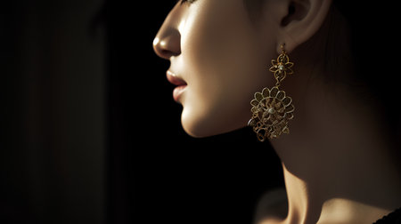 Fashion portrait of a beautiful woman with golden earrings. Jewelry.の素材