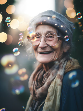 Portrait of an elderly woman with soap bubbles in the city.の素材