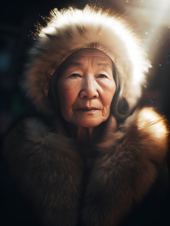Portrait of an elderly asian woman in a fur coat.の素材
