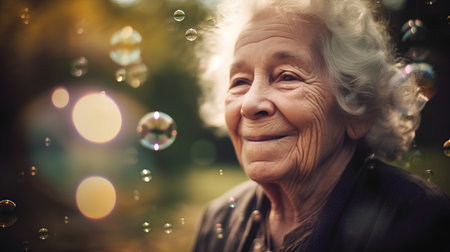 Portrait of an elderly woman with soap bubbles in the garden.の素材