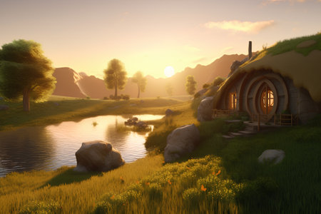 3D render of a fantasy house on the hillside at sunsetの素材