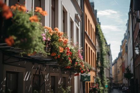 Beautiful flowers in pots on a balcony in the old town of Stockholm, Swedenの素材