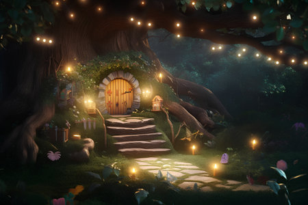 3D rendering of a fantasy fairy tale scene with an old wooden door in the forestの素材