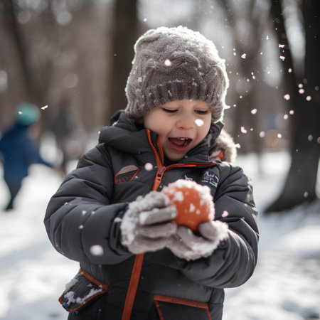 Little boy in winter clothes plays with an orange in the snow.の素材