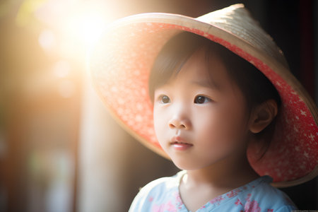 Portrait of cute asian child girl wearing summer hat looking at camera.の素材