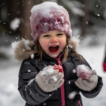 Adorable little girl having fun on beautiful winter day outdoors. Cute child playing with snow. Winter activities for kids.の素材
