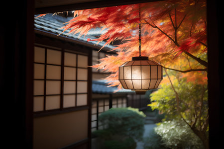 Japanese style lantern hanging in front of the window in the autumn seasonの素材