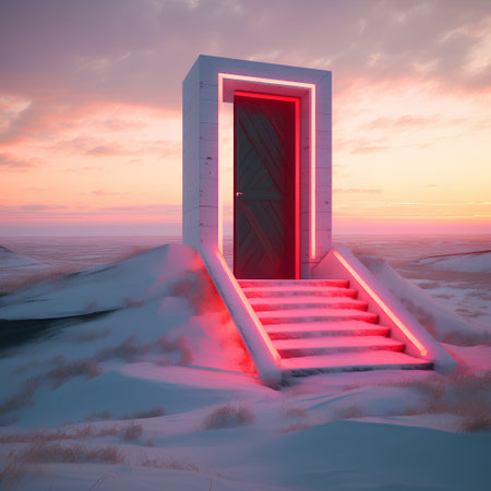 3D rendering of a door in a snowy landscape at sunset.の素材