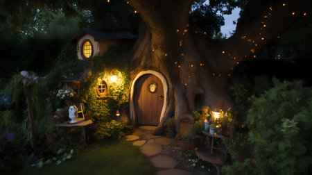 3D rendering of a beautiful fairy house in the forest at nightの素材