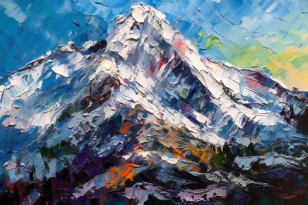 Original oil painting on canvas of mountain peak with snow and blue skyの素材
