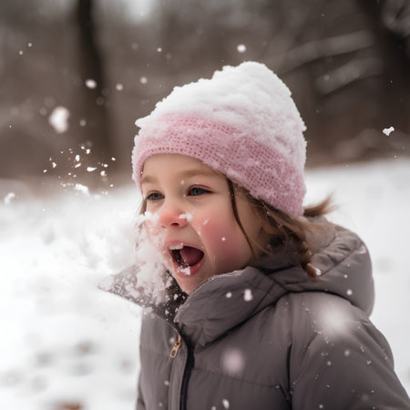 Adorable little girl having fun on beautiful winter day outdoors. Happy child playing with snow. Winter activities for kids.の素材
