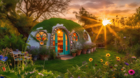 A view of a beautiful garden at sunset in California, USA.の素材