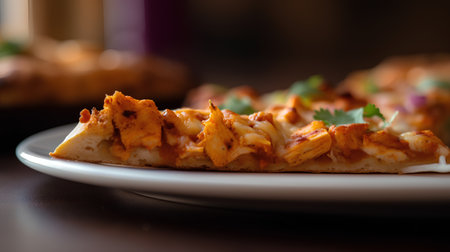 Pizza with chicken and cheese on a white plate. Selective focus.の素材