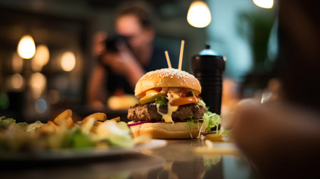 Cheese burger - American cheese burger with fresh salad on wooden tableの素材