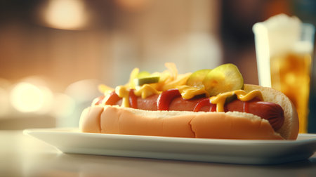 Hot dog with ketchup, mustard and ketchup on the tableの素材