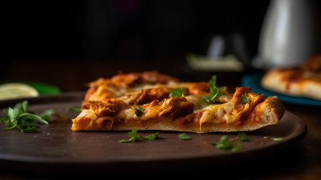 Pizza with mozzarella cheese on a wooden board, selective focusの素材