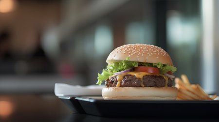 Cheese burger - American cheese burger with fresh salad on wooden tableの素材